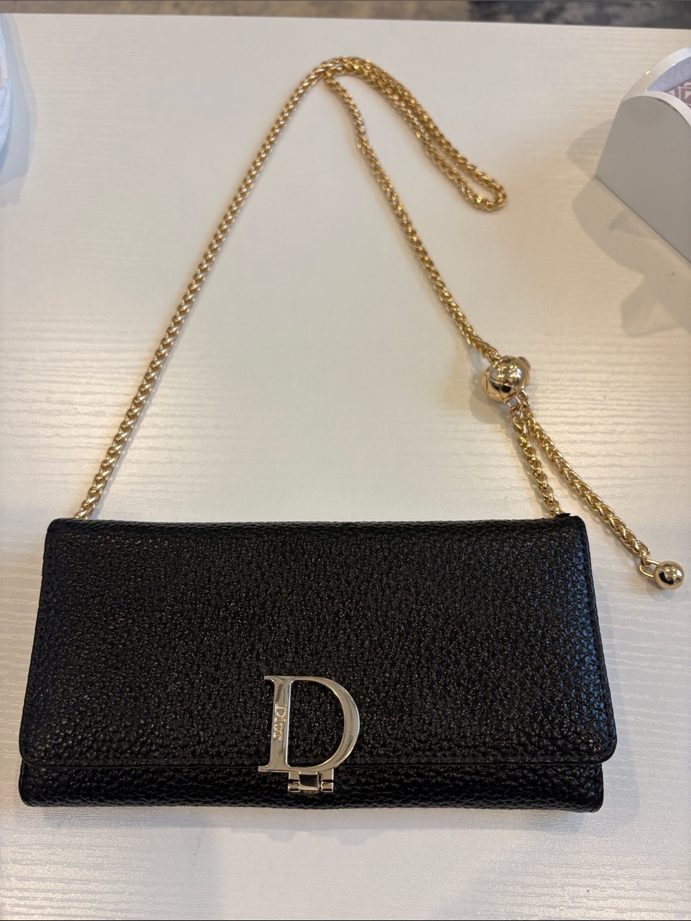 Authentic Dior Long Vintage Black Leather Bifold  Wallet Gold 'D' Clasp w/Chain